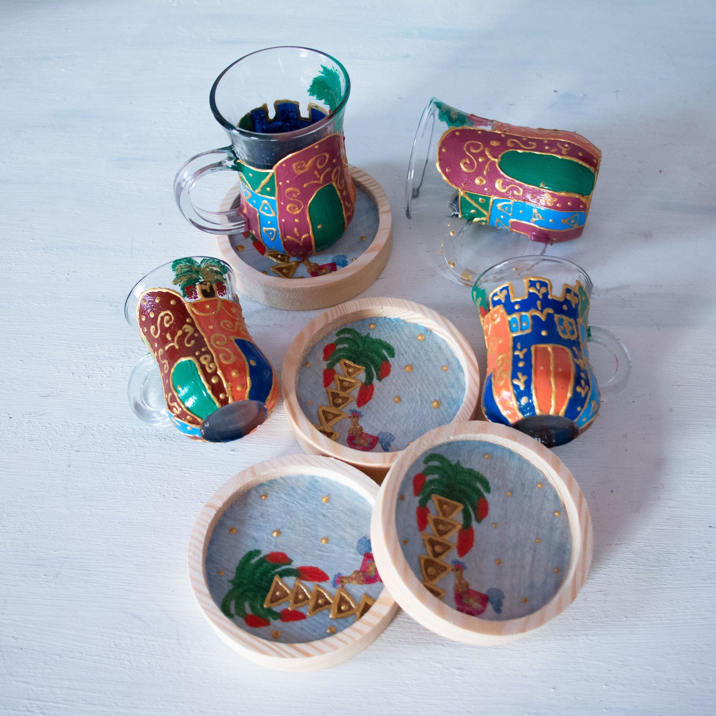Nubian Houses Glass Cups + Wooden Coasters