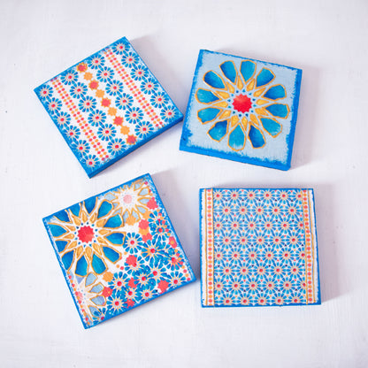 Blue Islamic stars coasters wooden tray