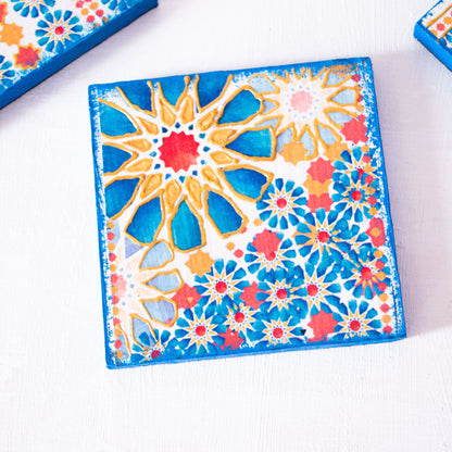 Blue Islamic stars coasters wooden tray