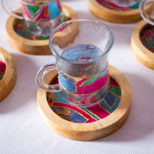 Arabic Blossom Glass Cups + Wooden Coasters