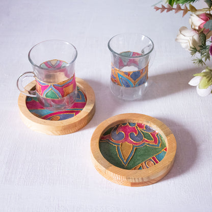 Arabic Blossom Glass Cups + Wooden Coasters