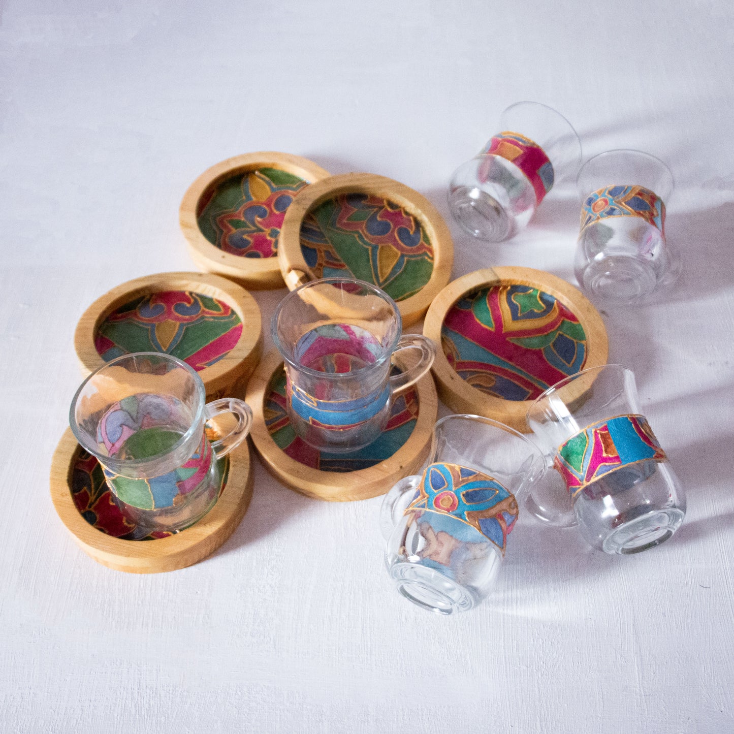 Arabic Blossom Glass Cups + Wooden Coasters