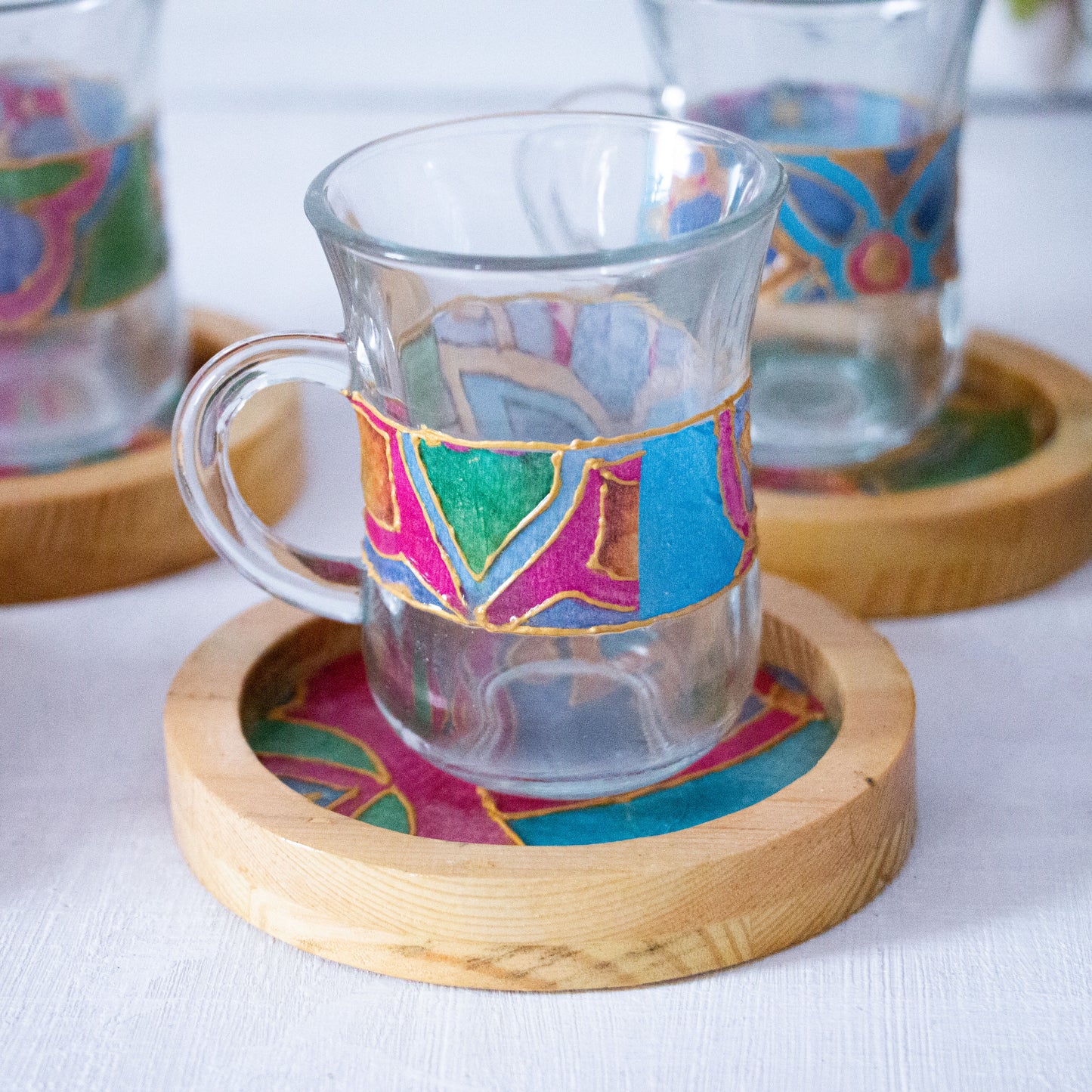 Arabic Blossom Glass Cups + Wooden Coasters