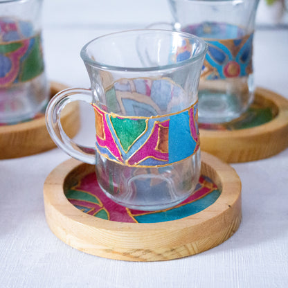 Arabic Blossom Glass Cups + Wooden Coasters