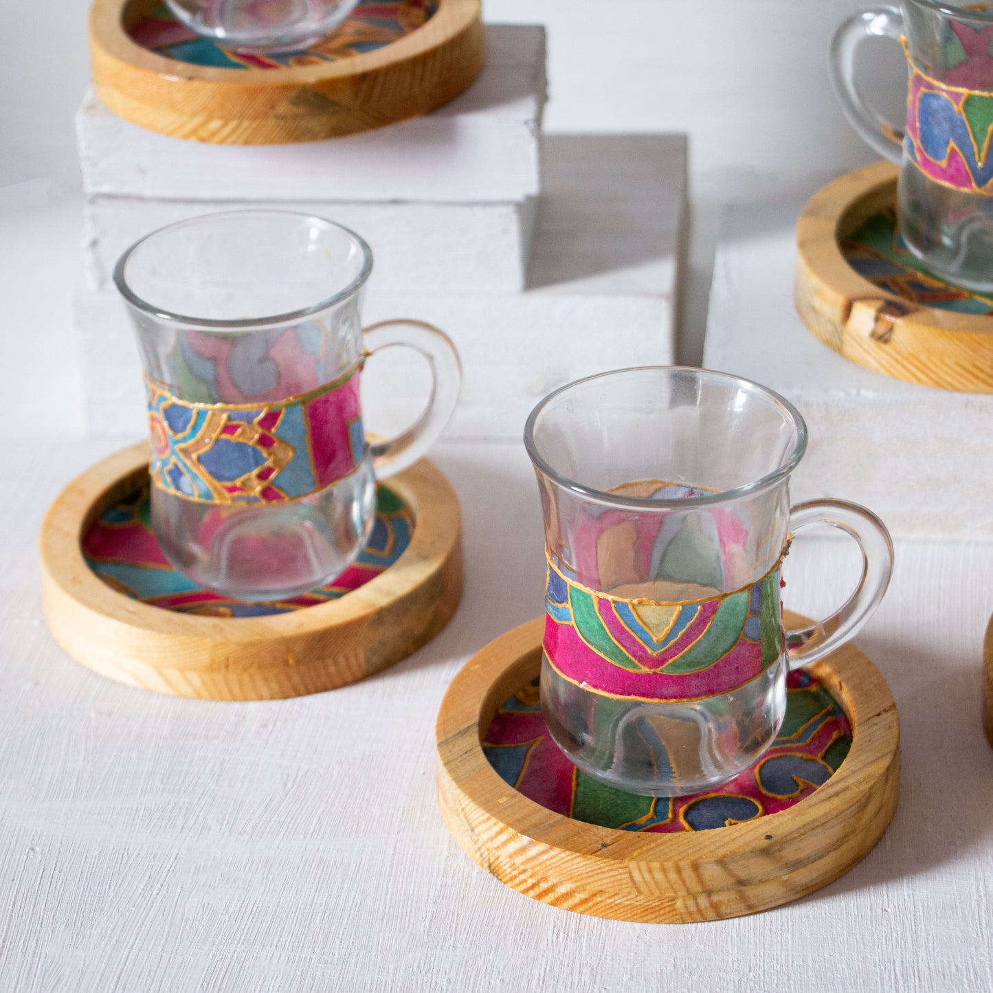 Arabic Blossom Glass Cups + Wooden Coasters
