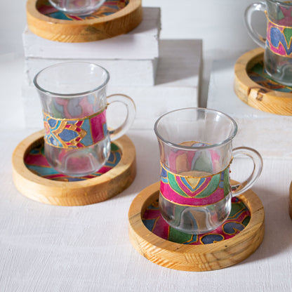 Arabic Blossom Glass Cups + Wooden Coasters
