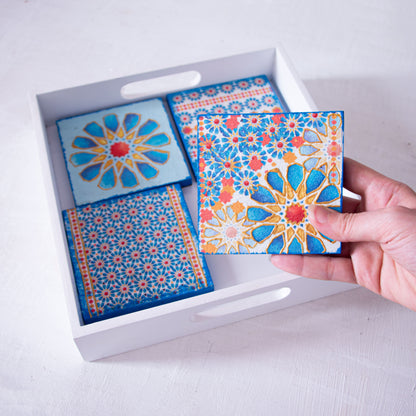 Blue Islamic stars coasters wooden tray