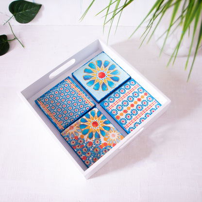 Blue Islamic stars coasters wooden tray