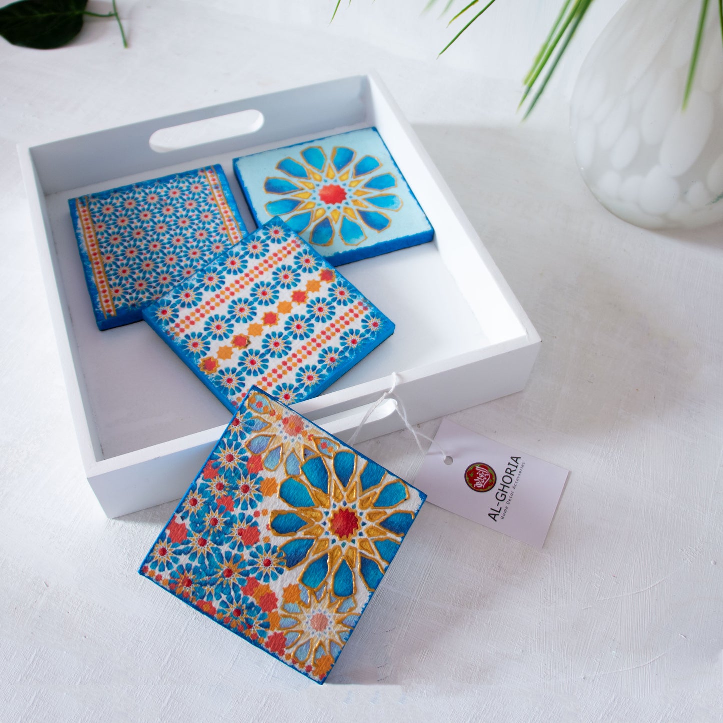 Blue Islamic stars coasters wooden tray