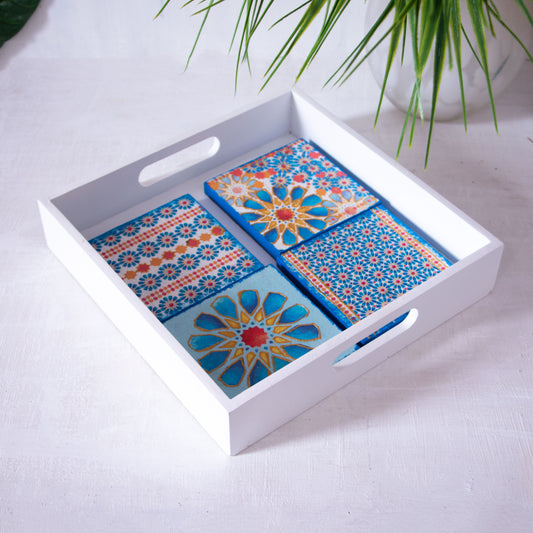 Blue Islamic stars coasters wooden tray