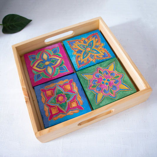 Arabic Blossom coasters wooden tray