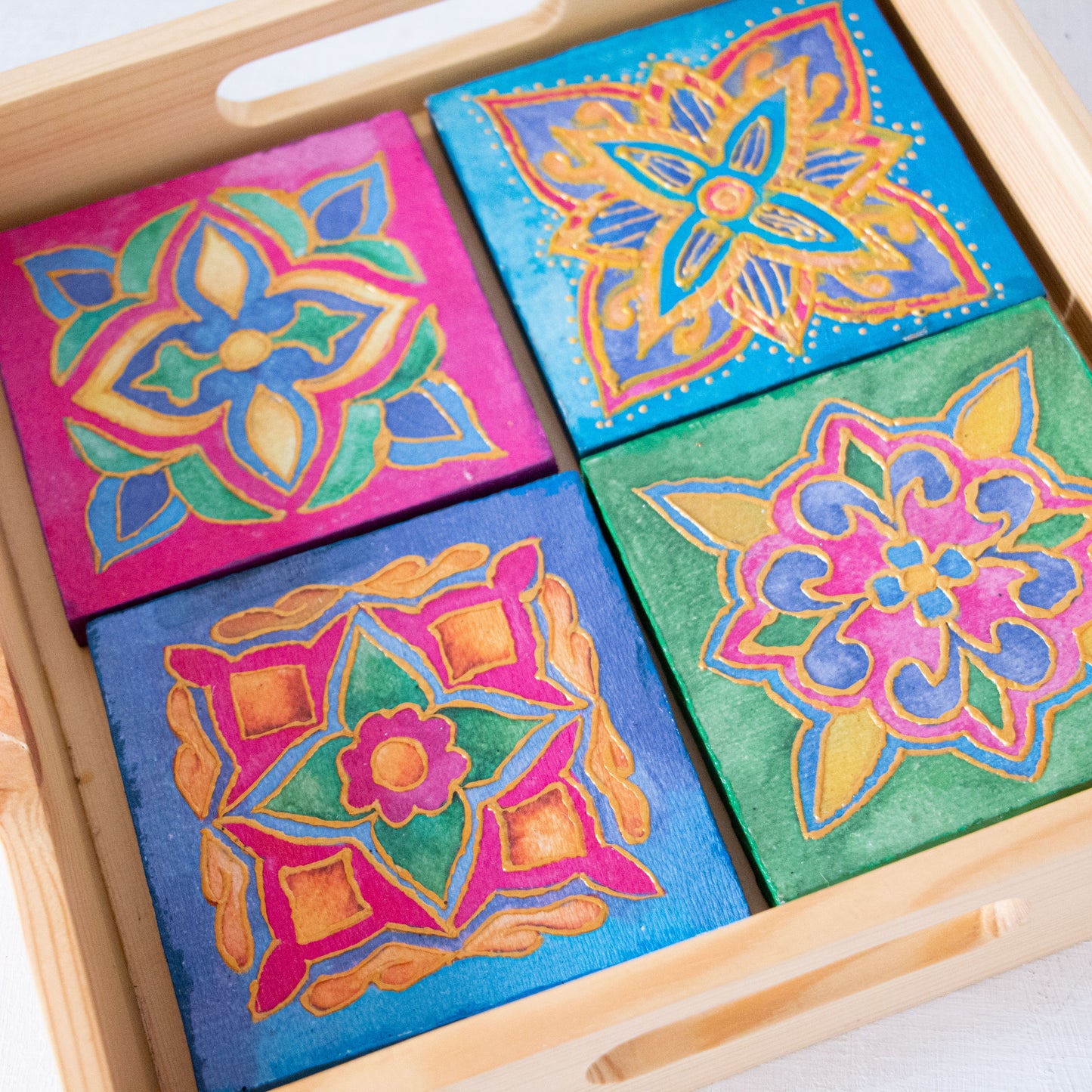 Arabic Blossom coasters wooden tray