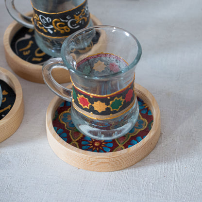 Arabesque Glass Cups + Wooden Coasters