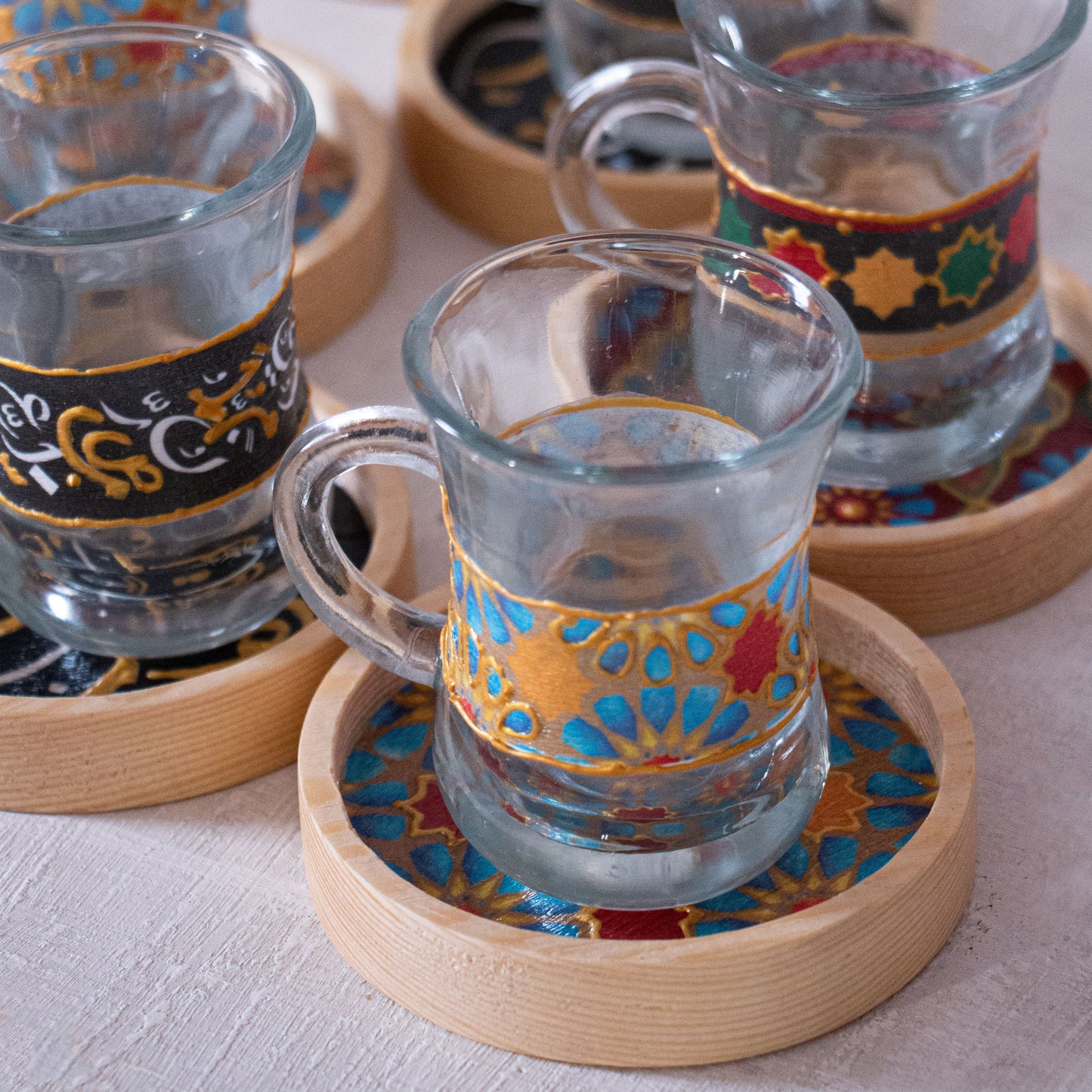 Arabesque Glass Cups + Wooden Coasters
