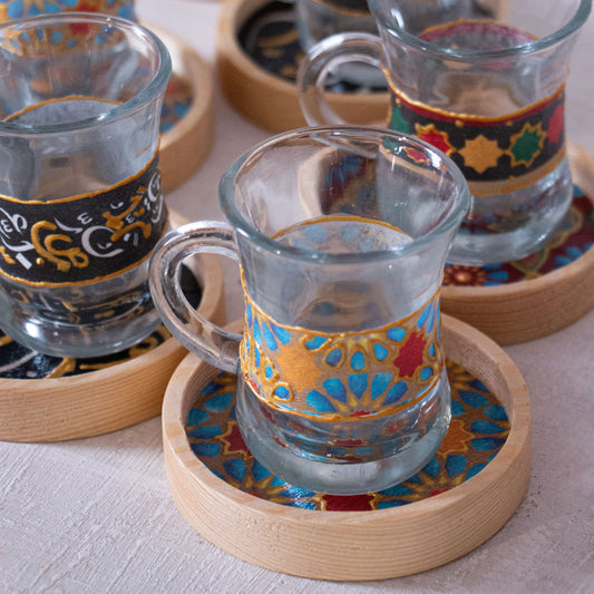 Arabesque Glass Cups + Wooden Coasters