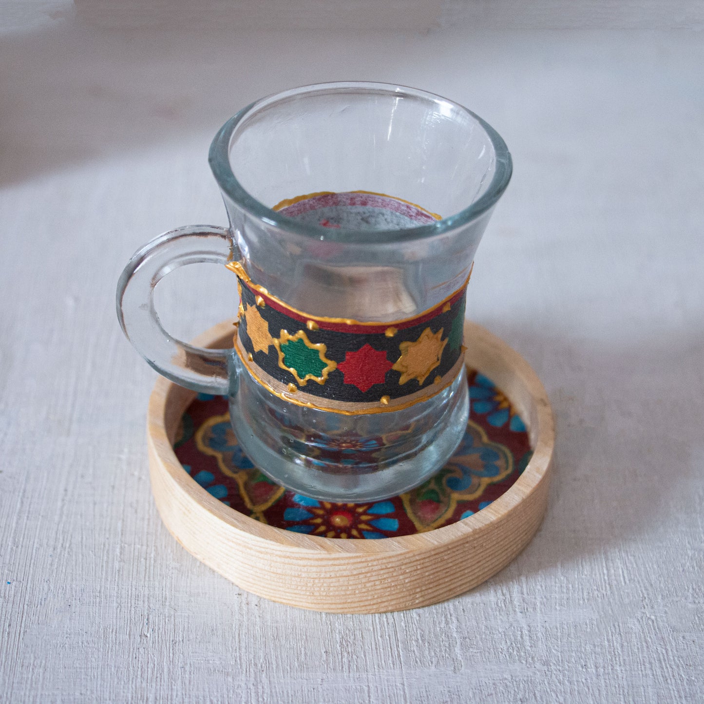 Arabesque Glass Cups + Wooden Coasters