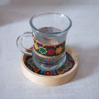 Arabesque Glass Cups + Wooden Coasters