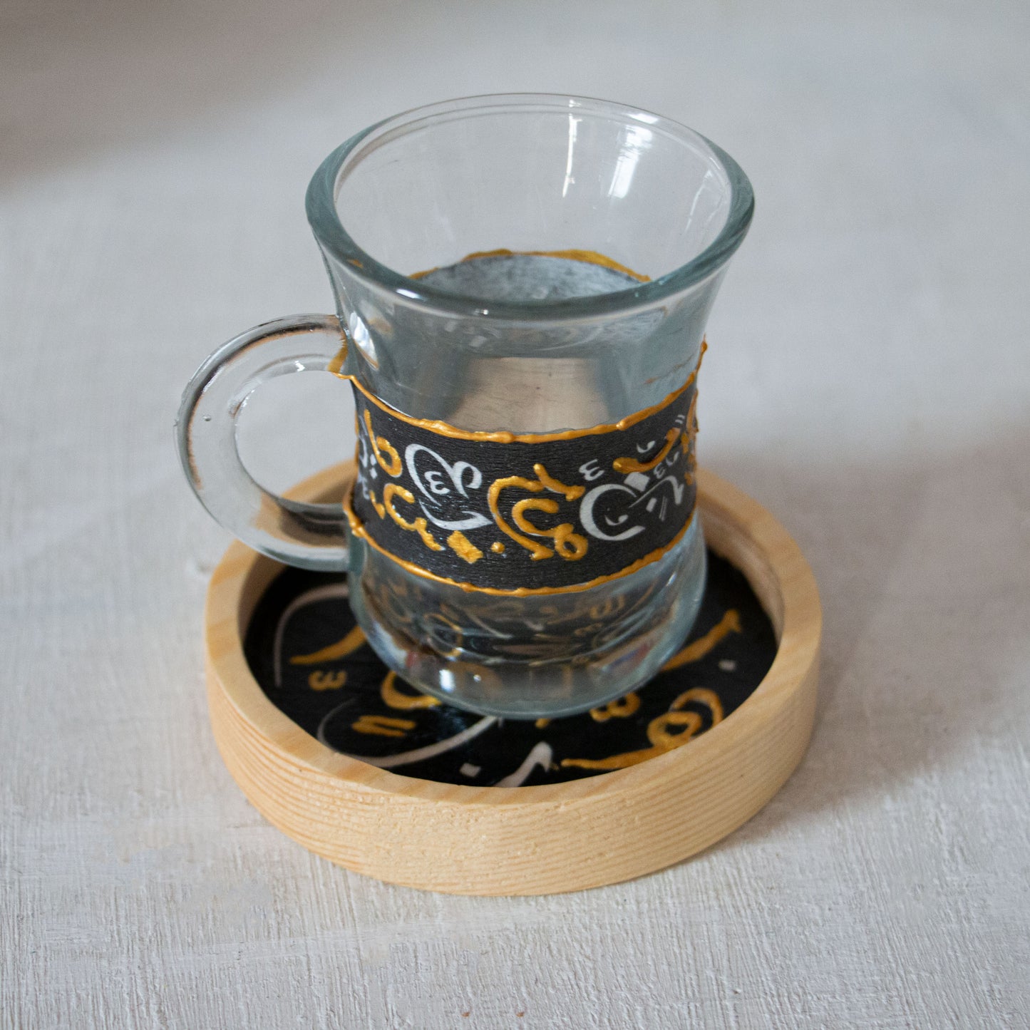 Arabesque Glass Cups + Wooden Coasters