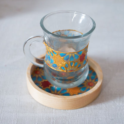 Arabesque Glass Cups + Wooden Coasters