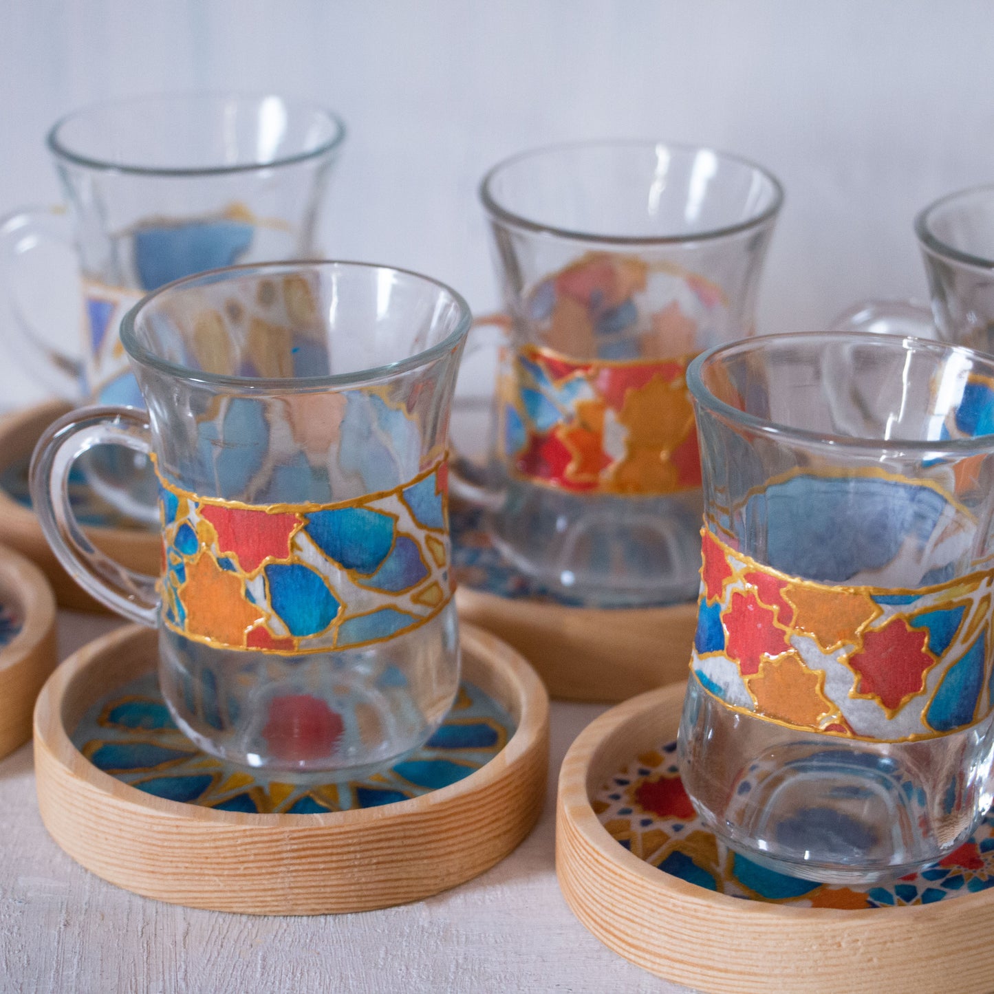Blue Islamic Stars Glass Cups + Wooden Coasters