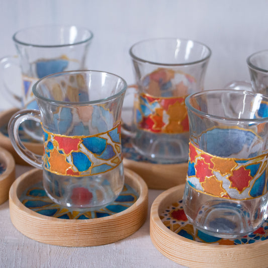 Blue Islamic Stars Glass Cups + Wooden Coasters