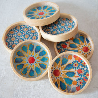 Blue Islamic Stars Glass Cups + Wooden Coasters