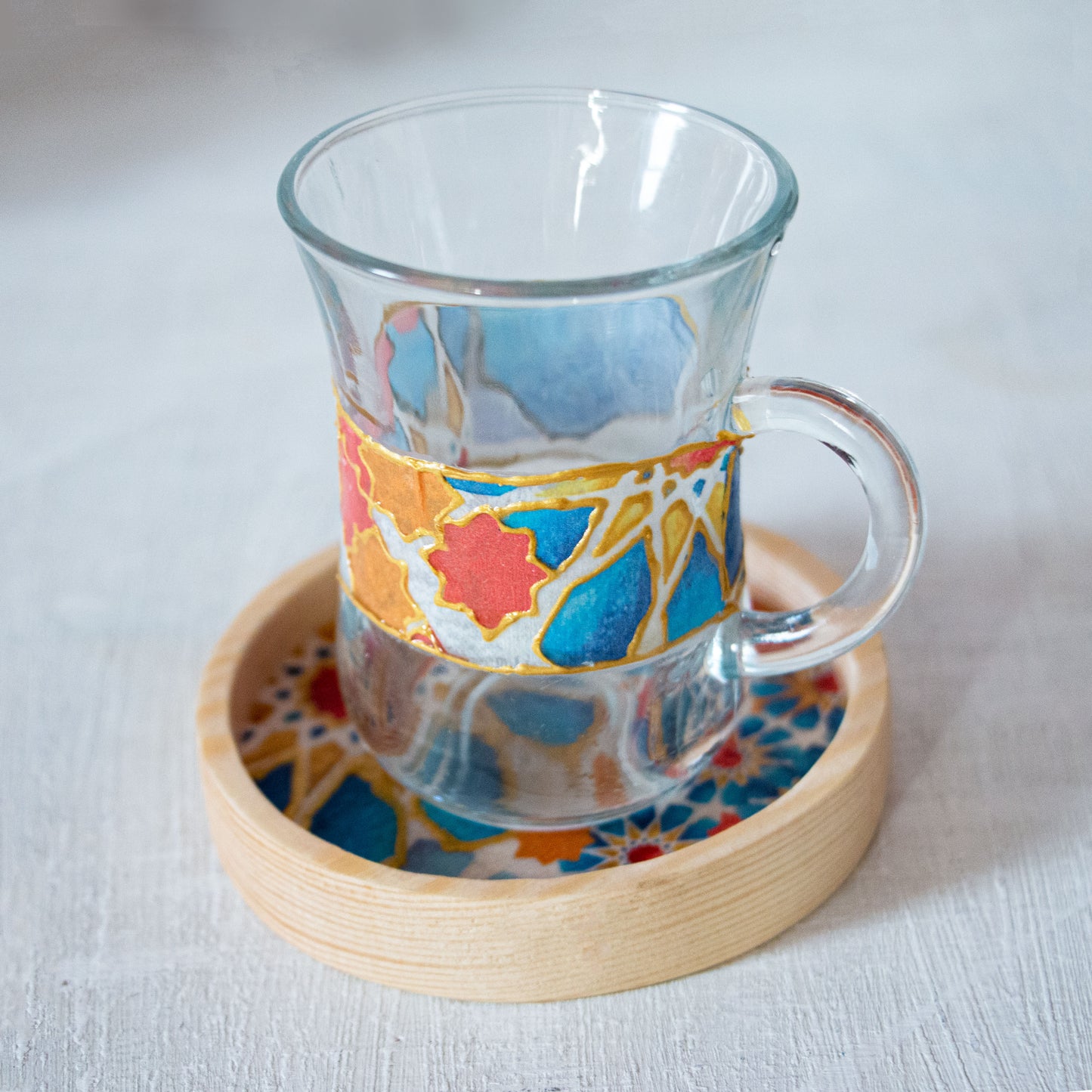 Blue Islamic Stars Glass Cups + Wooden Coasters