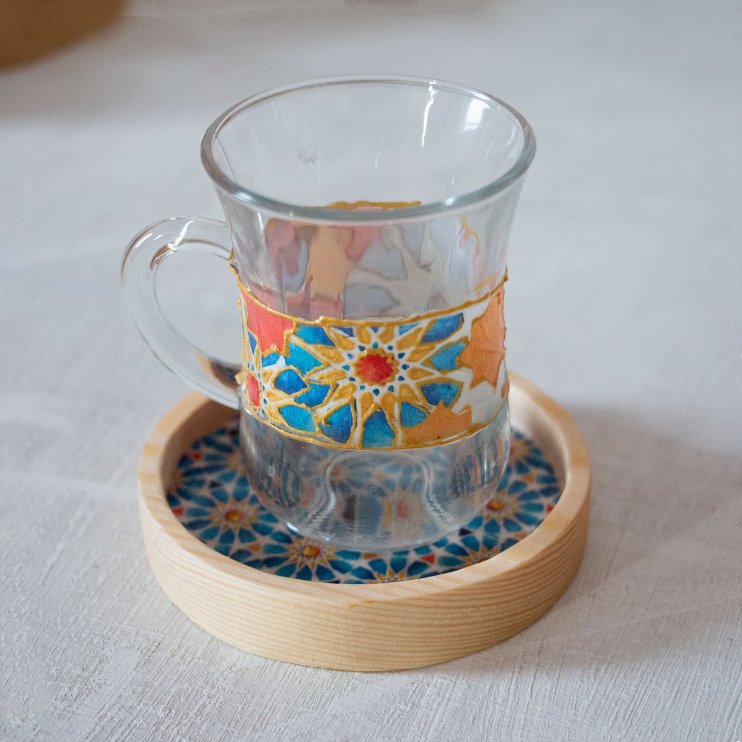 Blue Islamic Stars Glass Cups + Wooden Coasters