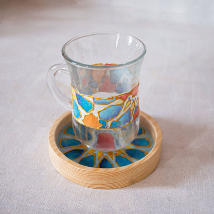 Blue Islamic Stars Glass Cups + Wooden Coasters