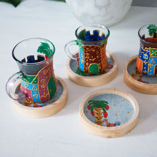 Nubian Houses Glass Cups + Wooden Coasters