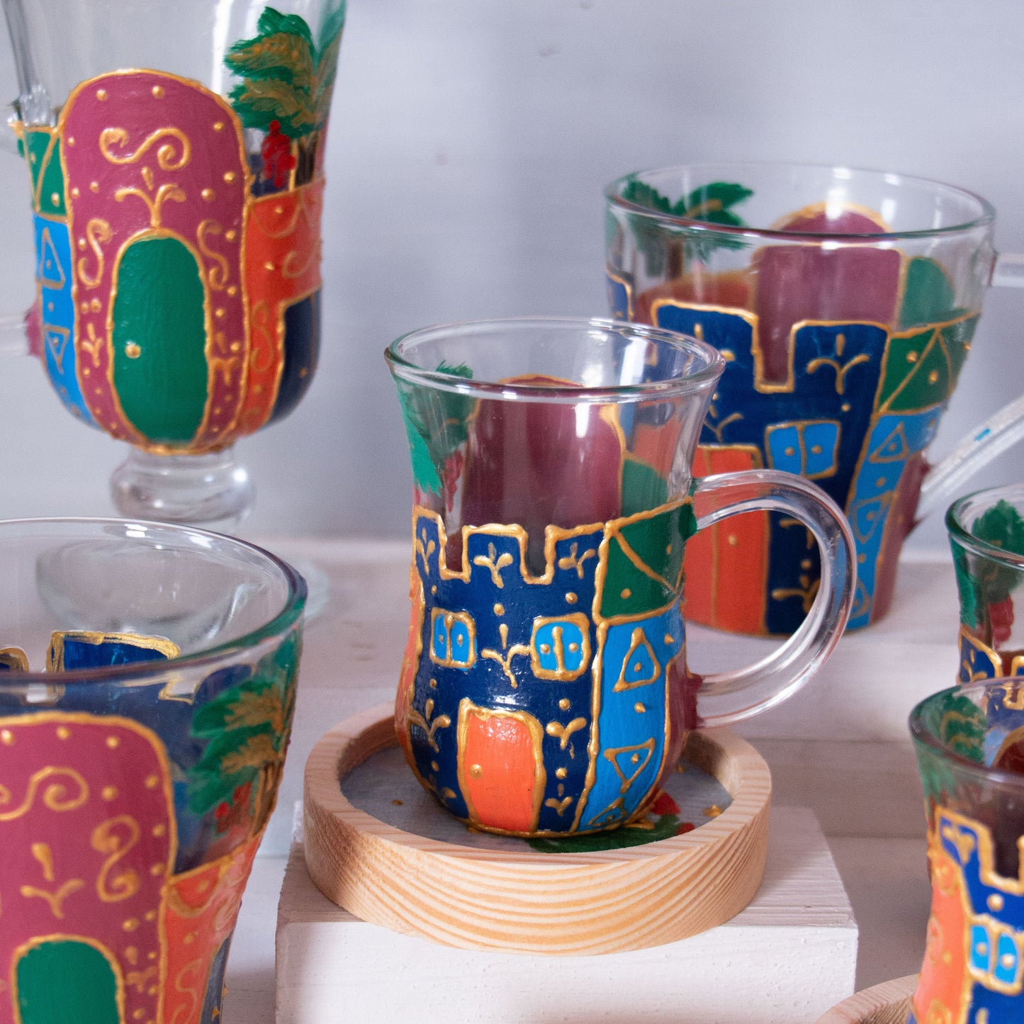 Nubian Houses Glass Cups + Wooden Coasters